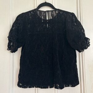 Anthropologie Parvati Black Velvet Lace Puff Sleeve Top
